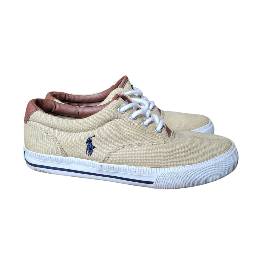 Polo Ralph Lauren Boys Canvas Sneakers Beige Tan Casual Shoes Size 4.5 Youth